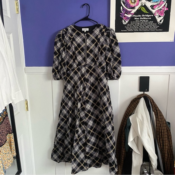 ghospell black plaid puff sleeve flare skirt dress - Picture 2 of 5